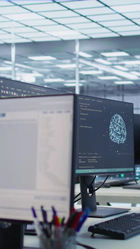 Scripts running on desktop PC monitors upgrading servers in data center Stock Footage 319554551