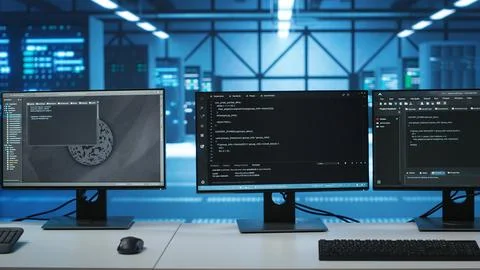 Scripts running on desktop PC monitors upgrading servers in data center Stock Photos