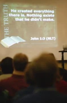 Scripture From John Projected On Wall In Church Stock Photos