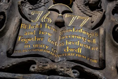 Scripture on a stone tablet with golden text in Edinburgh Scotland UK Stock Photos