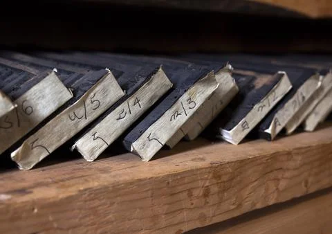 Scriptures printed from wooden blocks in library in Ogyen Choling , Bumthan.. Stock Photos