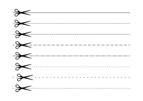 Scrissors cut dotted line with dash mark icon set. Stock Illustration
