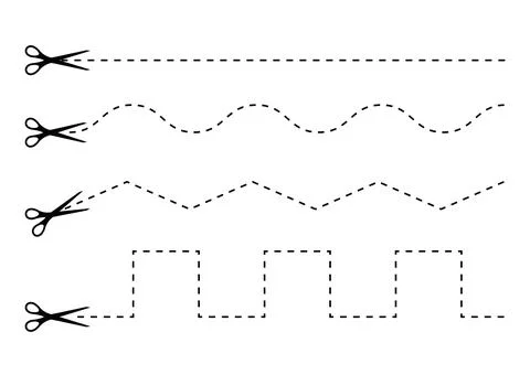 Scrissors cut dotted line zig zag and wavy shap icon set. Stock Illustration