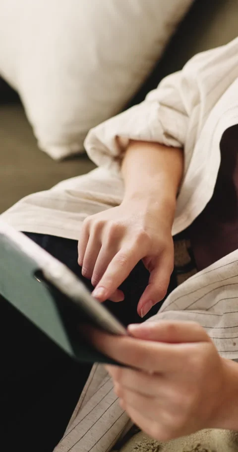 Scroll, above or hands in house with tablet, blog platform or video update on Video stock 332484641