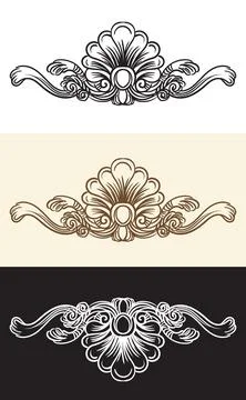 Scroll abstract leaves and seashell engraving design element Stock Illustration