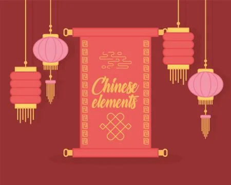 Scroll and hanging lanterns oriental element decoration color design Stock Illustration