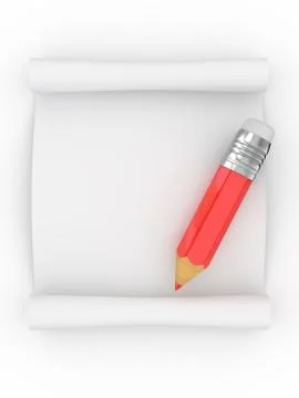 Scroll and pencil on white isolated background. 3d Illustration