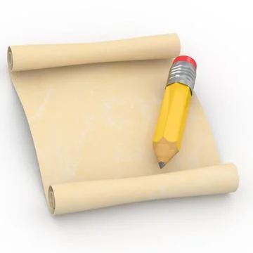 Scroll and pencil on white isolated background. 3d Scroll and pencil on wh... Stock Photos
