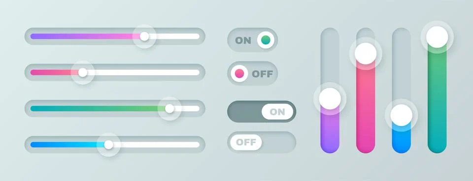 Scroll bars set , brightness sliders, turn on and off toggle switch buttons for Illustrazione stock