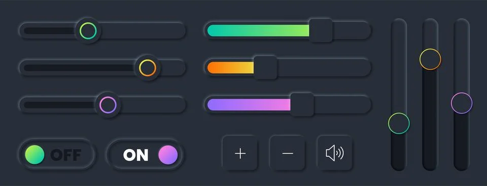 Scroll bars set , brightness sliders, turn on and off toggle switch buttons for Stock Illustration