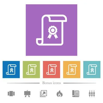 Scroll with certificate flat white icons in square backgrounds Stock Illustration