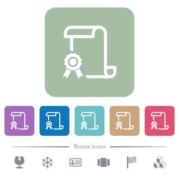 Scroll with certificate on left flat icons on color rounded square background Stock Illustration