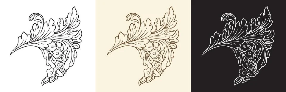 Scroll decorative element with leaves hand drawing vector illustration 스톡 일러스트