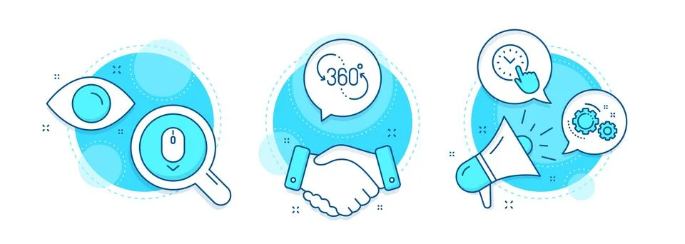 Scroll down, 360 degree and Time management icons set. Gears sign. Mouse swipe Illustrazione stock