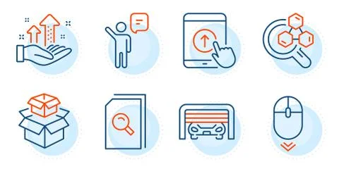 Scroll down, Agent and Packing boxes icons set. Chemistry lab, Parking garage Ilustración de archivo