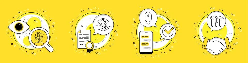 Scroll down, Bitcoin project and Health eye icons set. Spanner tool sign. Vector Stock Illustration