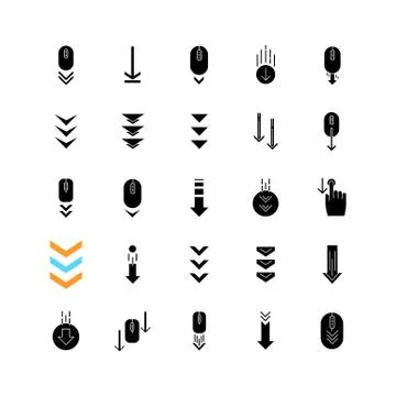 Scroll down black glyph icons set on white space. Internet page browsing and  스톡 일러스트