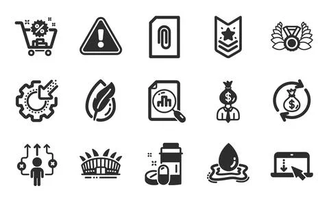 Scroll down, Business way and Manager icons set. Arena stadium, Shoulder strap Illustrazione stock