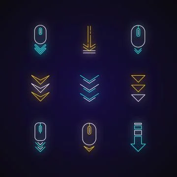 Scroll down buttons neon light icons set. Internet page browsing and download Stock Illustration