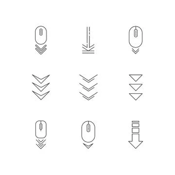 Scroll down buttons pixel perfect linear icons set. Web cursor. PC elements w Illustrazione stock