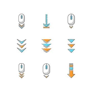 Scroll down buttons RGB color icons set. Internet page browsing and download  스톡 일러스트