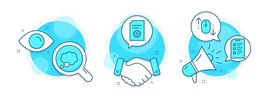 Scroll down, Checklist and File settings icons set. Talk bubble sign. Mouse Illustrazione stock
