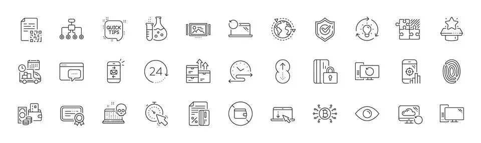 Scroll down, Chemistry flask and Certificate line icons. For web app, printing Stock Illustration