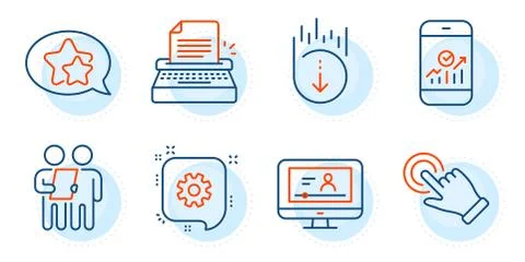 Scroll down, Cogwheel and Touchscreen gesture icons set. Online video, Star and Stock Illustration