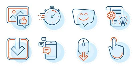 Scroll down, Communication and Timer icons set. Cogwheel, Smile face and Load Stock Illustration