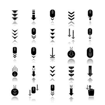 Scroll down drop shadow black glyph icons set. Internet page browsing and dow イラスト素材