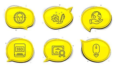 Scroll down, Face detect and Ssd icons set. Engineering sign. Mouse swipe Stock Illustration