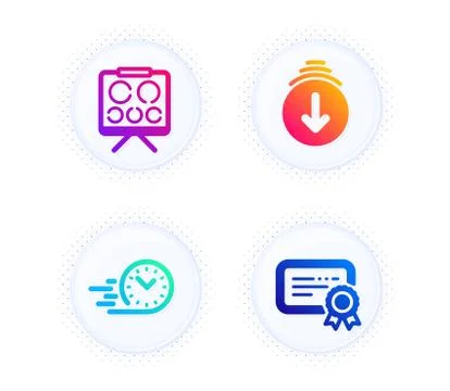 Scroll down, Fast delivery and Vision board icons set. Certificate sign. Swipe Stock Illustration