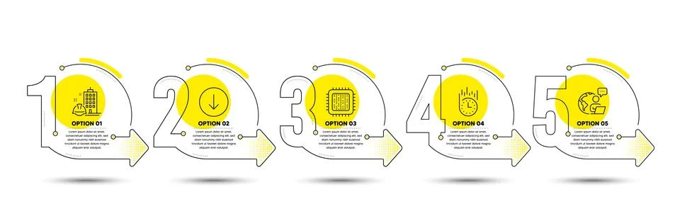Scroll down, Fast delivery and Cpu processor icons set. Construction building Stock Illustration