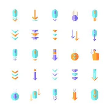 Scroll down flat design cartoon RGB color icons set. Internet page browsing a Stock Illustration