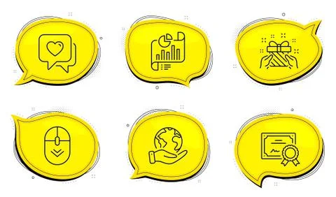 Scroll down, Heart and Report document icons set. Gift sign. Mouse swipe, Love Illustrazione stock