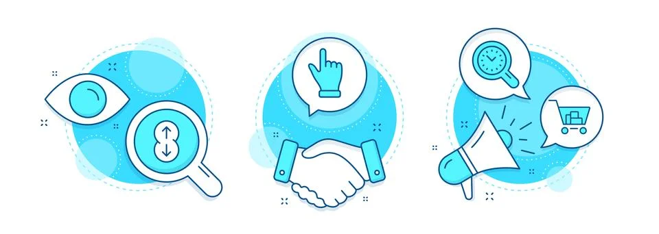 Scroll down, Internet shopping and Time management icons set. Click hand sign Stock Illustration