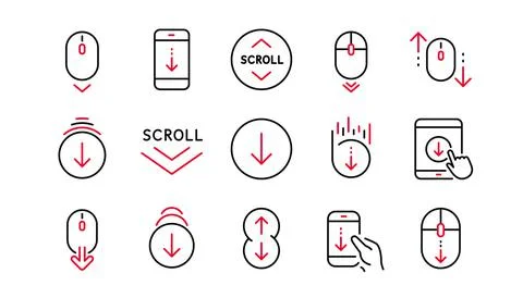 Scroll down line icons. Scrolling mouse, landing page swipe signs. Linear set Illustrazione stock