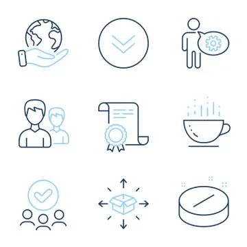 Scroll down, Medical tablet and Couple icons set. Cogwheel, Coffee cup and Stock Illustration