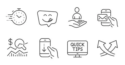 Scroll down, Messenger mail and Timer icons set. Check investment, Yummy smile Stock Illustration