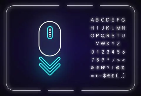 Scroll down mouse neon light icon. Internet page browsing double arrow. Web c Stock Illustration