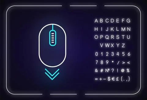 Scroll down mouse neon light icon. Internet page browsing and scrolling. PC m Illustrazione stock