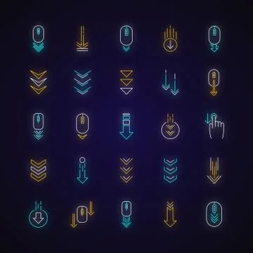 Scroll down neon light icons set. Internet page browsing and download indicat Illustrazione stock