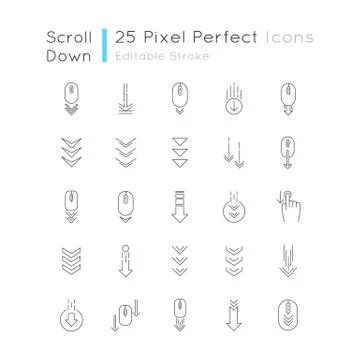 Scroll down pixel perfect linear icons set. Internet page browsing and downlo Stock Illustration