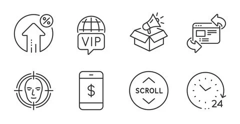 Scroll down, Refresh website and Vip internet icons set. 24 hours, Megaphone box Stock Illustration