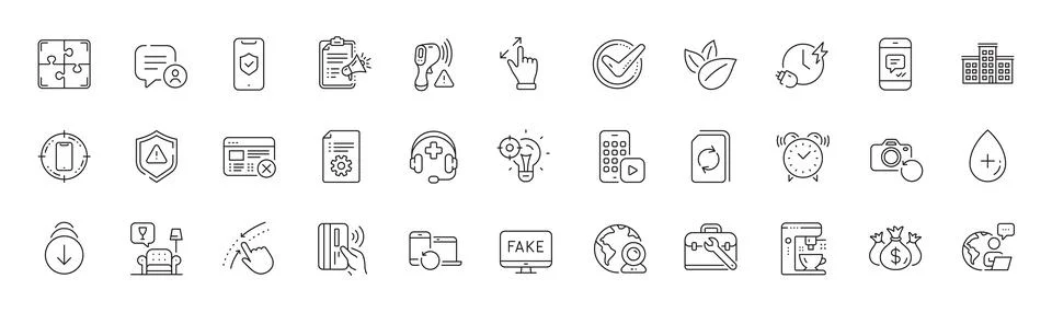 Scroll down, Reject web and Puzzle line icons. For web app, printing. Line icons Illustrazione stock
