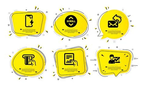Scroll down, Share mail and Smartphone charging icons set. Credit card, Document Stock Illustration