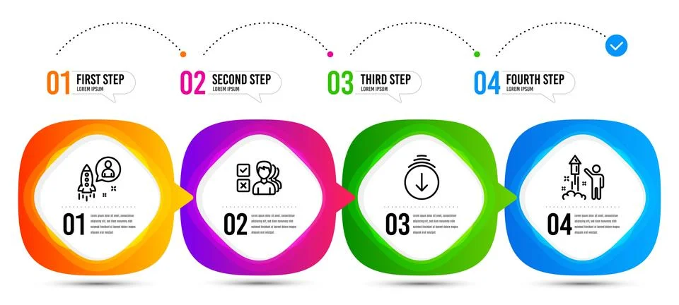 Scroll down, Startup and Opinion icons set. Fireworks sign. Swipe screen Stock Illustration