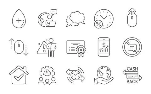 Scroll down, Stop talking and Chat message icons set. Engineering team, Reject Illustrazione stock