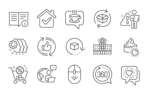 Scroll down, Technical info and Return package icons set. Coffee, Shopping cart Stock Illustration