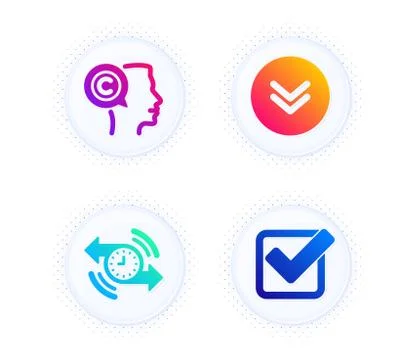 Scroll down, Timer and Writer icons set. Checkbox sign. Swipe arrow, Stopwatch Illustrazione stock